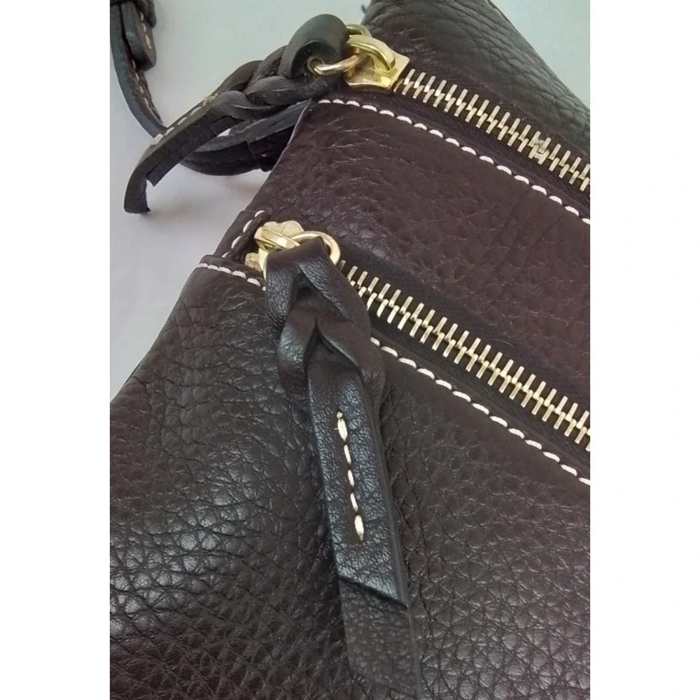 Dooney & Bourke Crossbody Leather Bag Brown + Gold Triple Zip Vintage #J3584